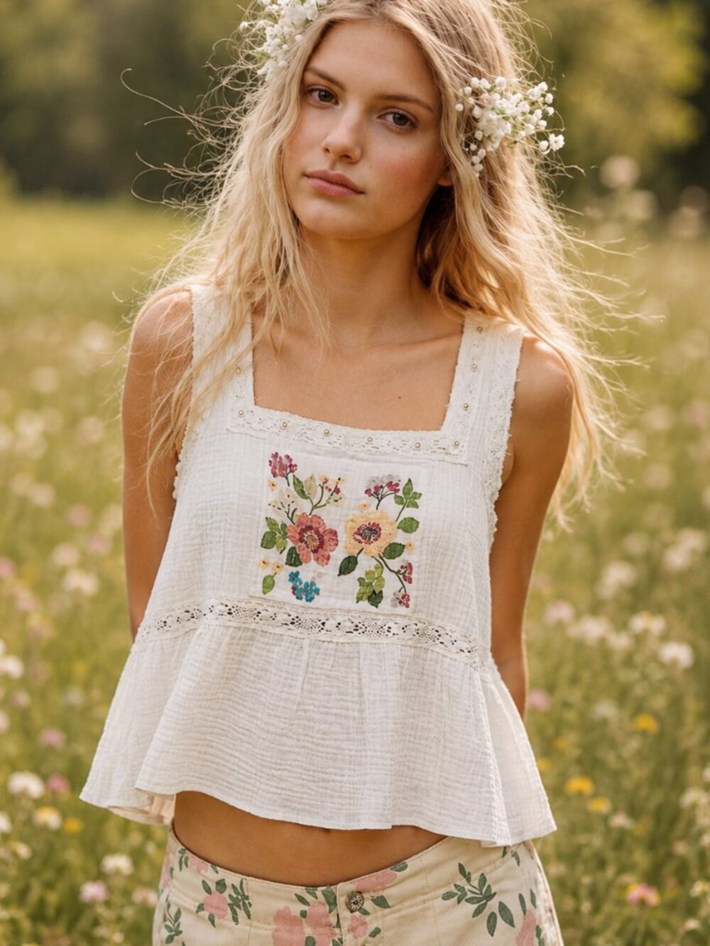 POL Boho Feminine Hand Printed Lace Trim Ruffled Cotton Gauze Babydoll Crop Top